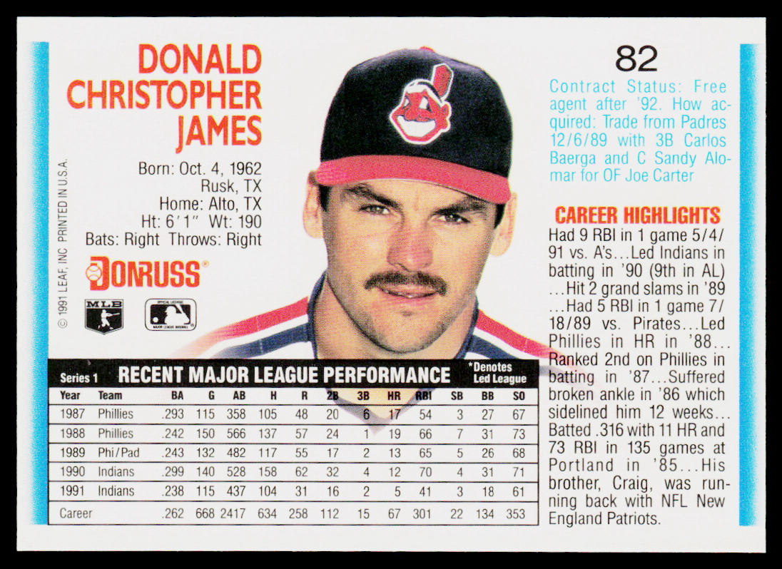 Chris James 1992 Donruss #82b Cleveland Indians