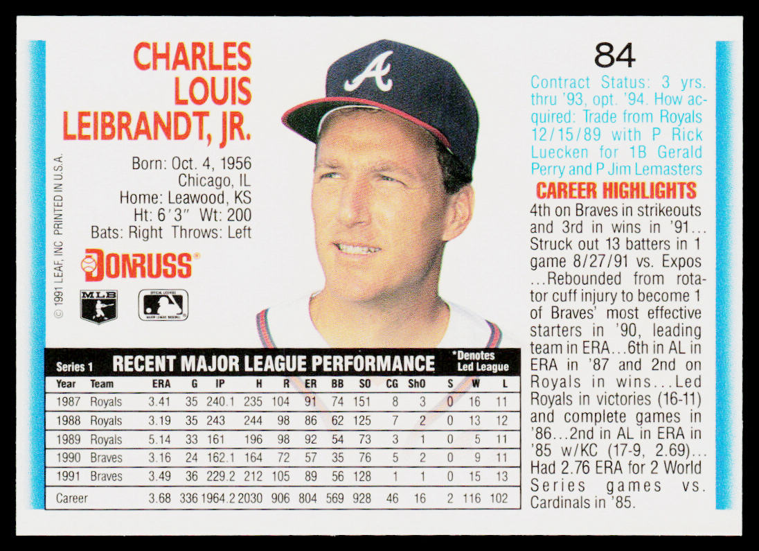 Charlie Leibrandt 1992 Donruss #84 Atlanta Braves