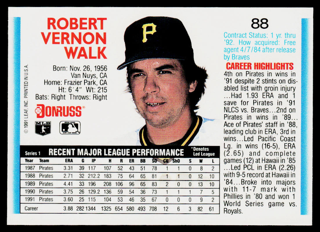 Bob Walk 1992 Donruss #88 Pittsburgh Pirates