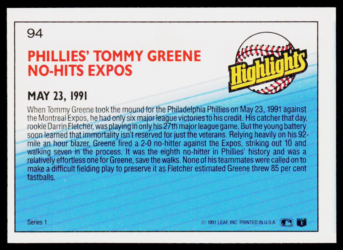 Tommy Greene 1992 Donruss #94b Philadelphia Phillies
