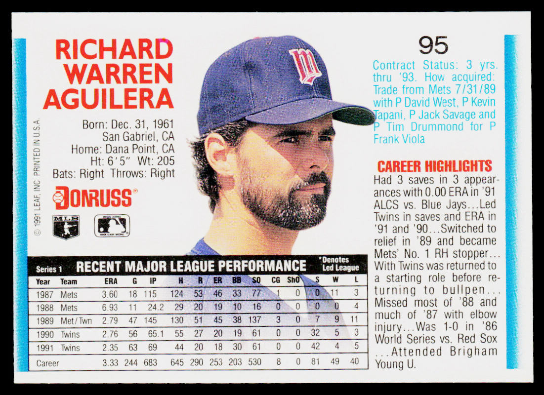 Rick Aguilera 1992 Donruss #95 Minnesota Twins