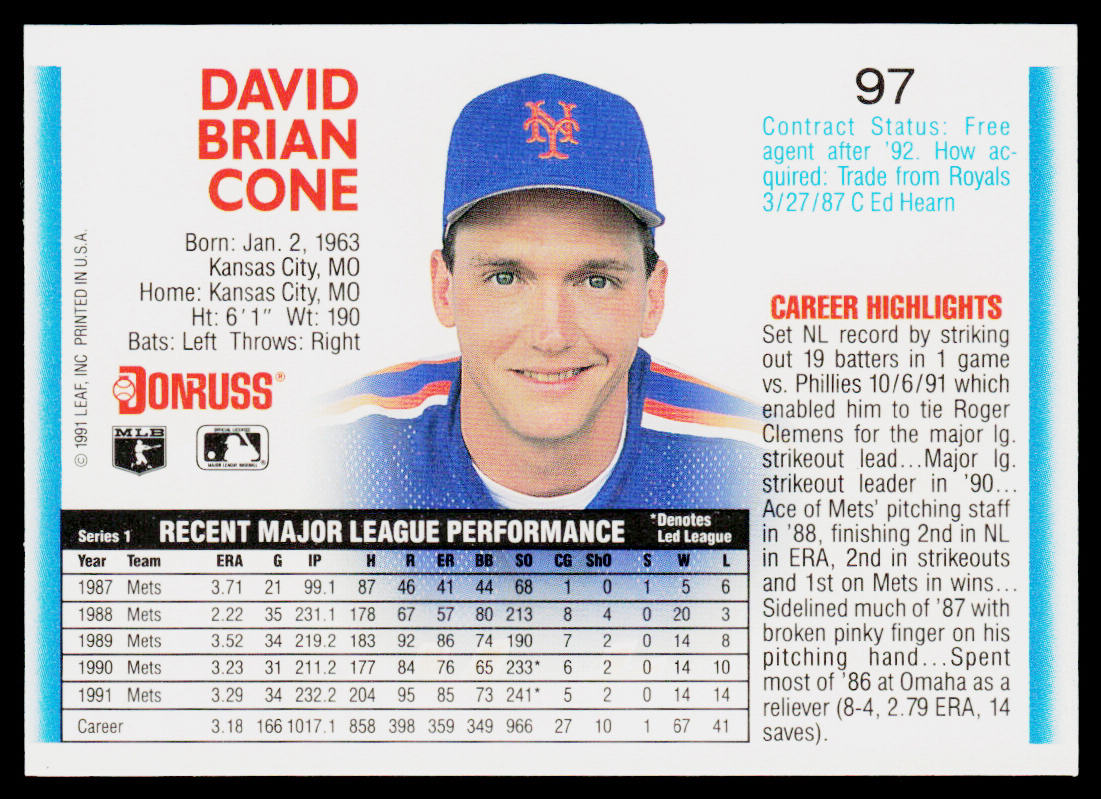 David Cone 1992 Donruss #97 New York Mets