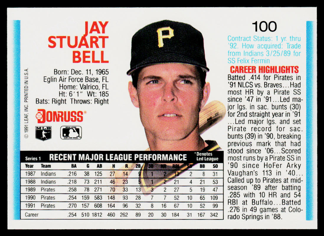 Jay Bell 1992 Donruss #100b Pittsburgh Pirates