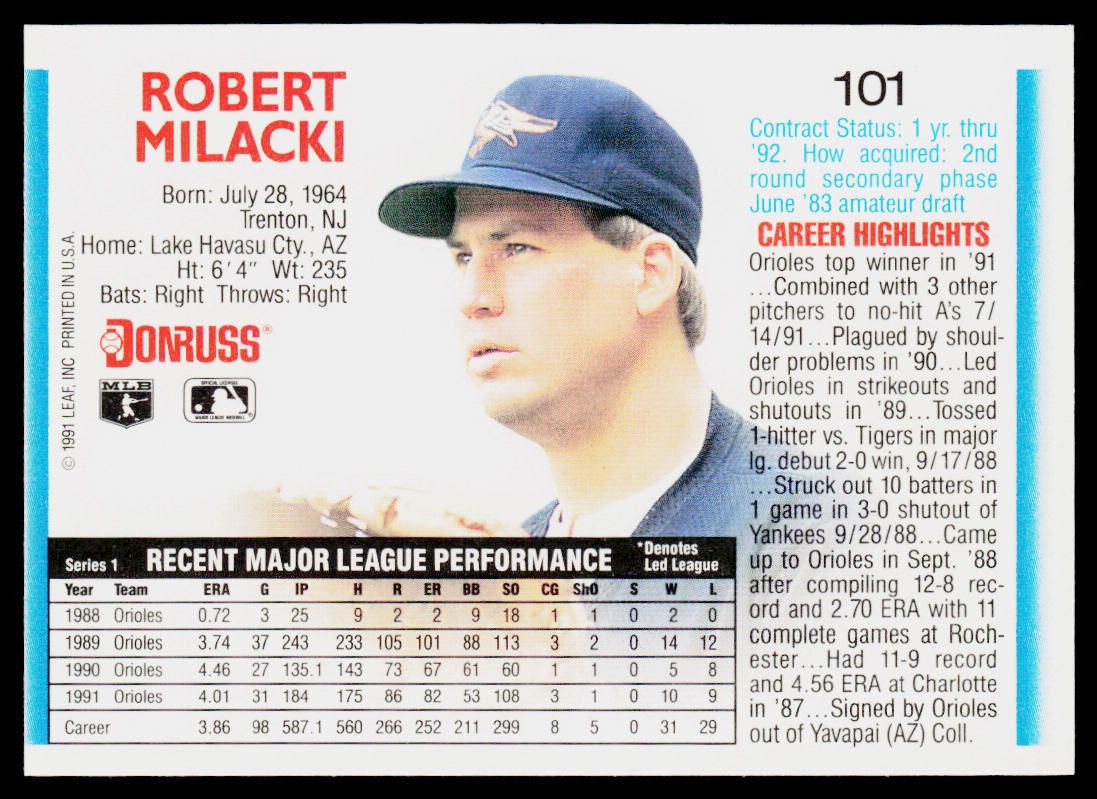 Bob Milacki 1992 Donruss #101b Baltimore Orioles