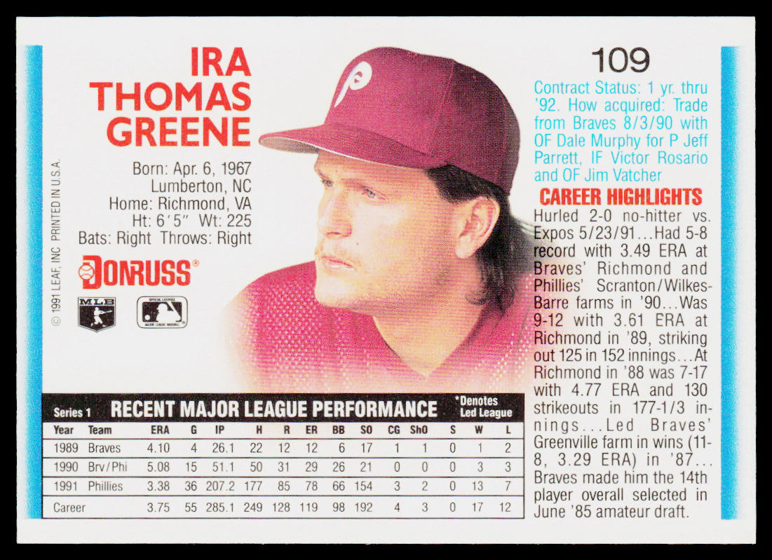 Tommy Greene 1992 Donruss #109b Philadelphia Phillies
