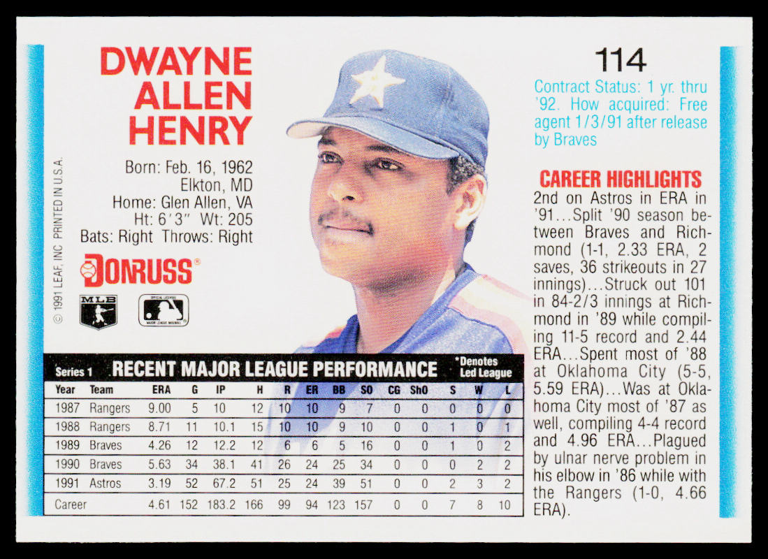 Dwayne Henry 1992 Donruss #114b Houston Astros