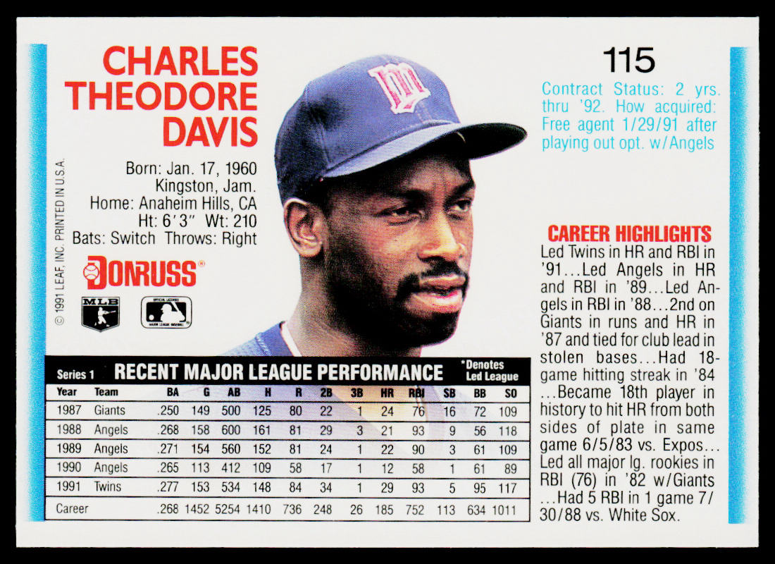 Chili Davis 1992 Donruss #115b Minnesota Twins