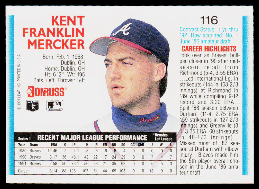 Kent Mercker 1992 Donruss #116b Atlanta Braves