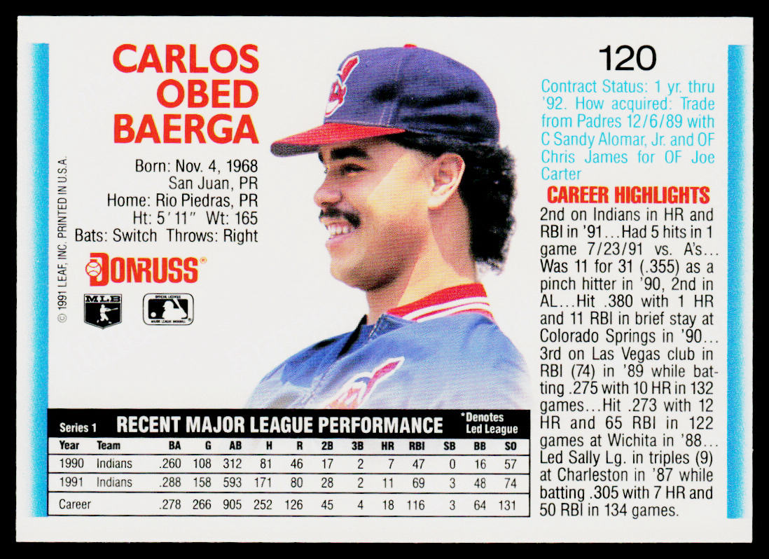 Carlos Baerga 1992 Donruss #120 Cleveland Indians
