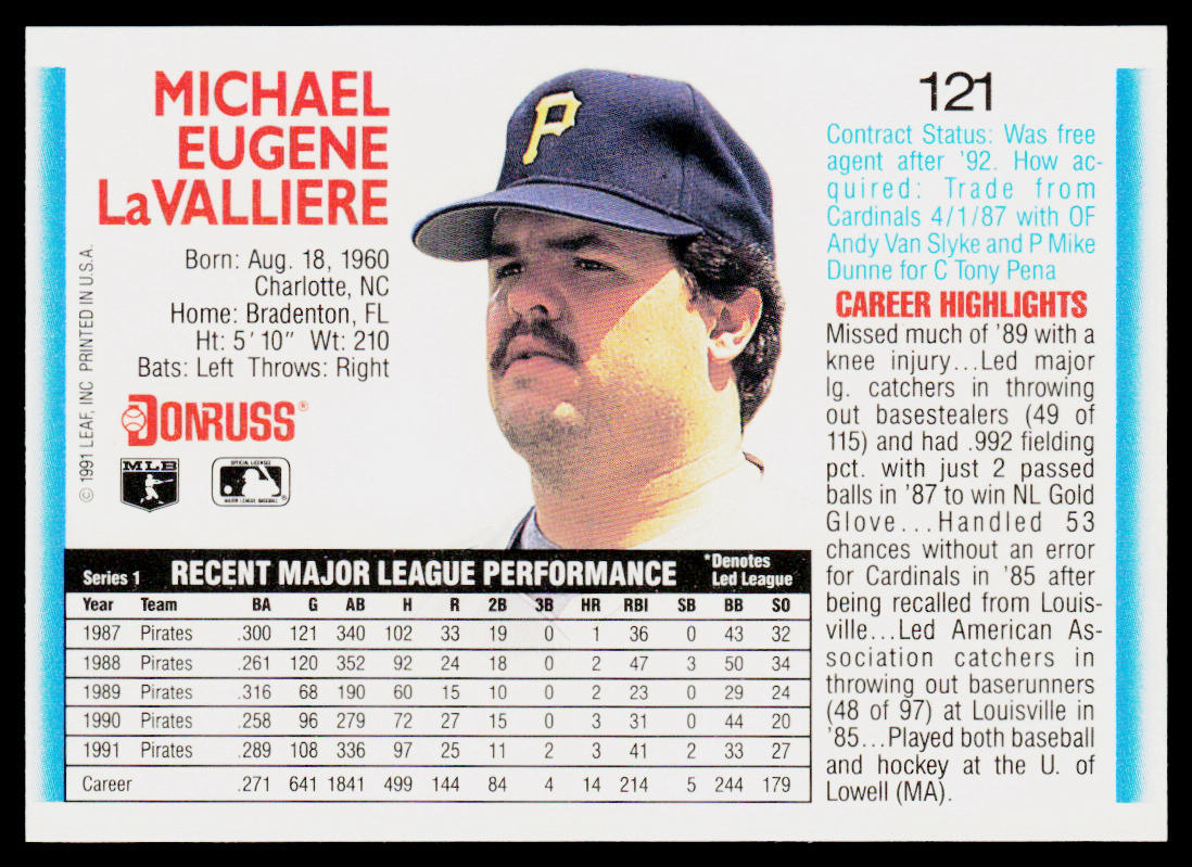 Mike LaValliere 1992 Donruss #121b Pittsburgh Pirates