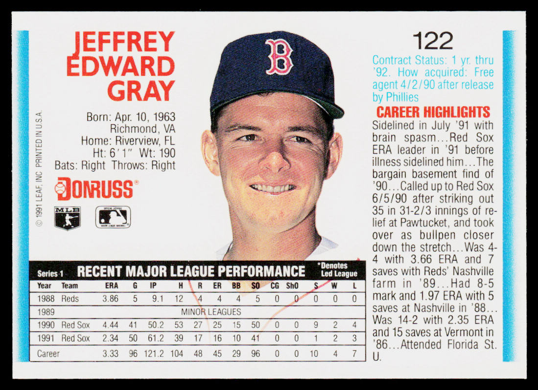 Jeff Gray 1992 Donruss #122 Boston Red Sox