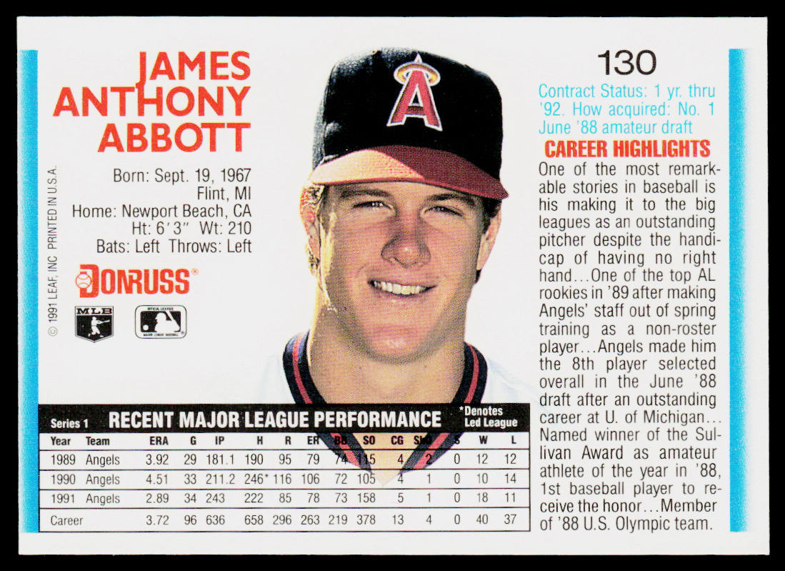 Jim Abbott 1992 Donruss #130 California Angels