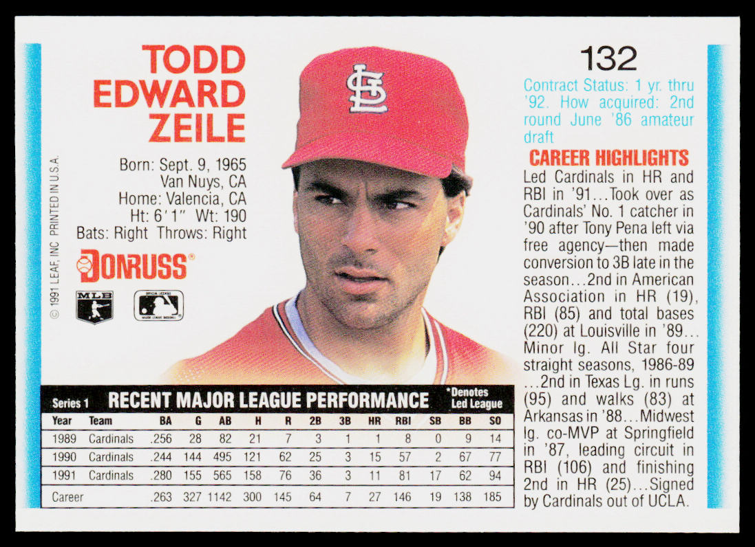 Todd Zeile 1992 Donruss #132b St. Louis Cardinals