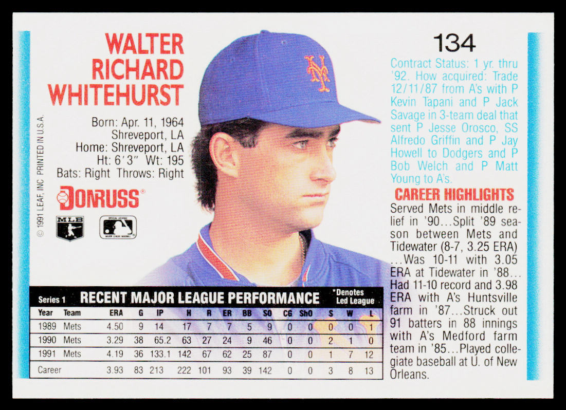 Wally Whitehurst 1992 Donruss #134 New York Mets