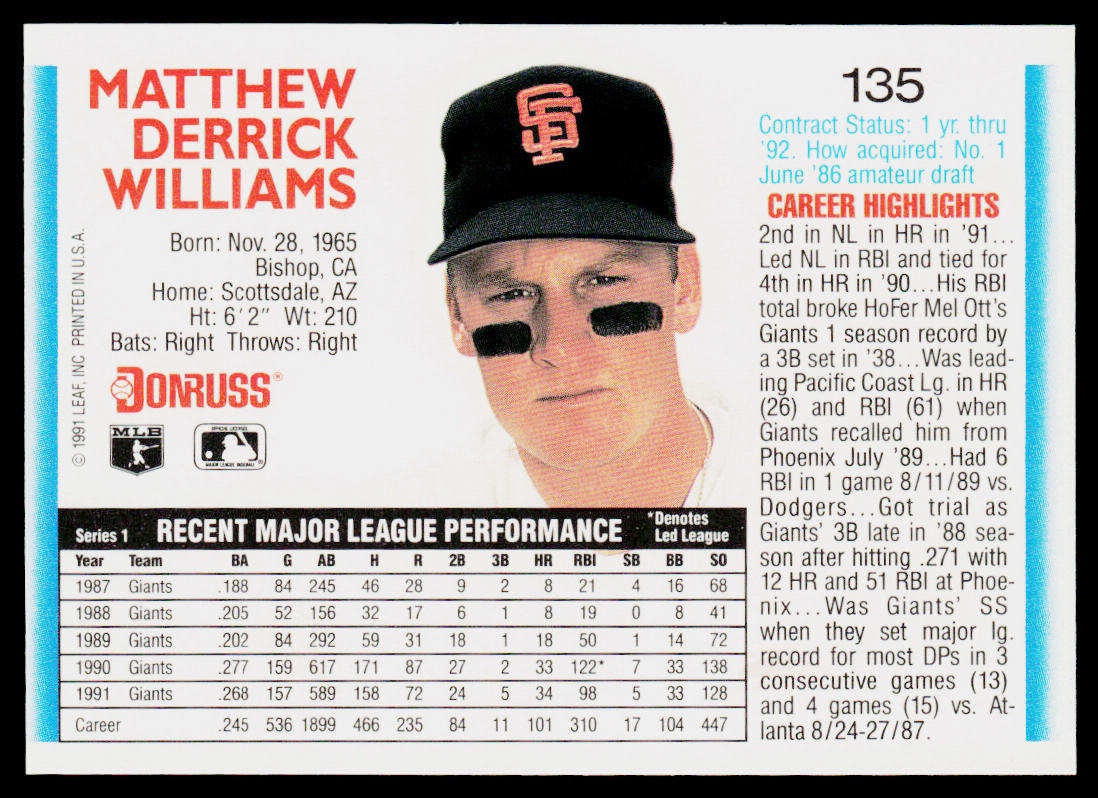 Matt Williams 1992 Donruss #135b San Francisco Giants