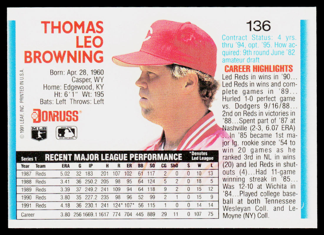 Tom Browning 1992 Donruss #136b Cincinnati Reds