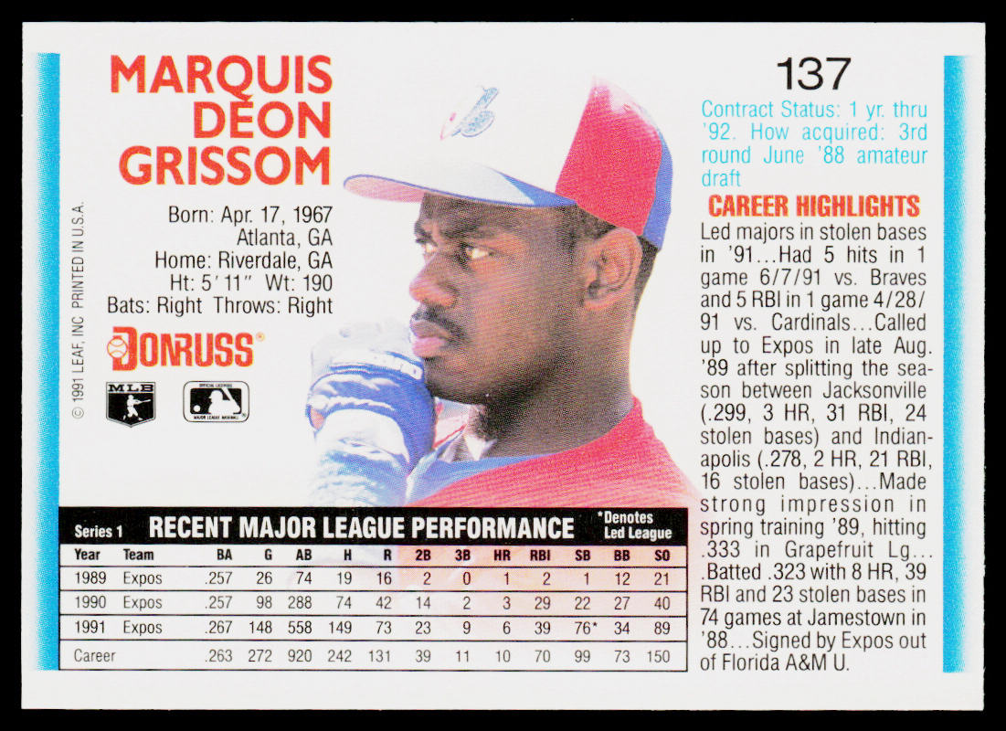 Marquis Grissom 1992 Donruss #137b Montreal Expos