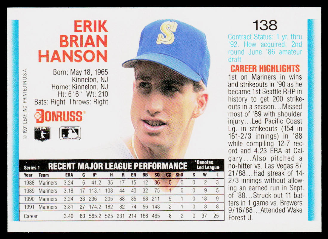 Erik Hanson 1992 Donruss #138b Seattle Mariners