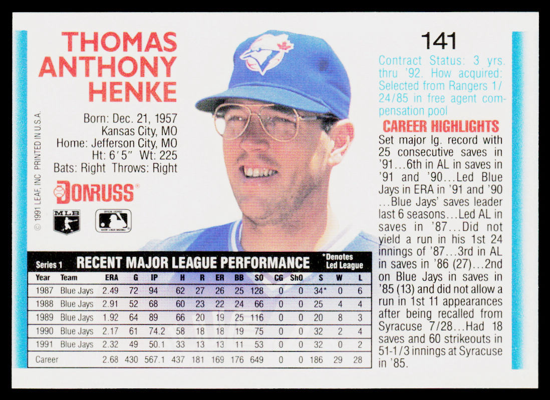 Tom Henke 1992 Donruss #141b Toronto Blue Jays