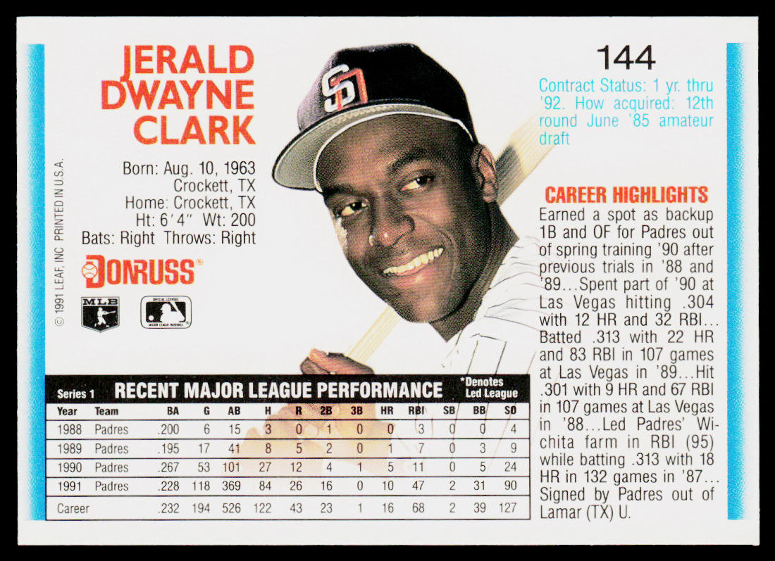 Jerald Clark 1992 Donruss #144b San Diego Padres