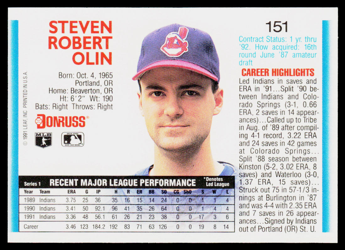 Steve Olin 1992 Donruss #151b Cleveland Indians