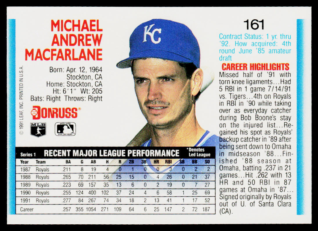 Mike Macfarlane 1992 Donruss #161b Kansas City Royals