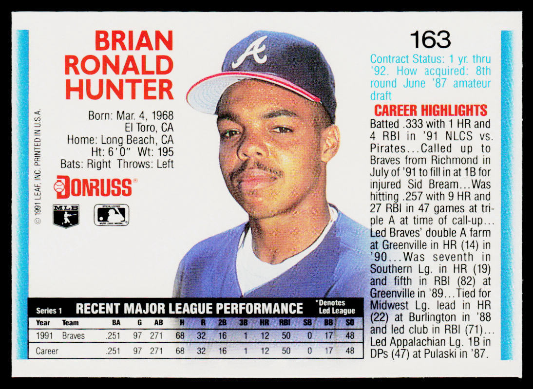 Brian Hunter 1992 Donruss #163 Atlanta Braves