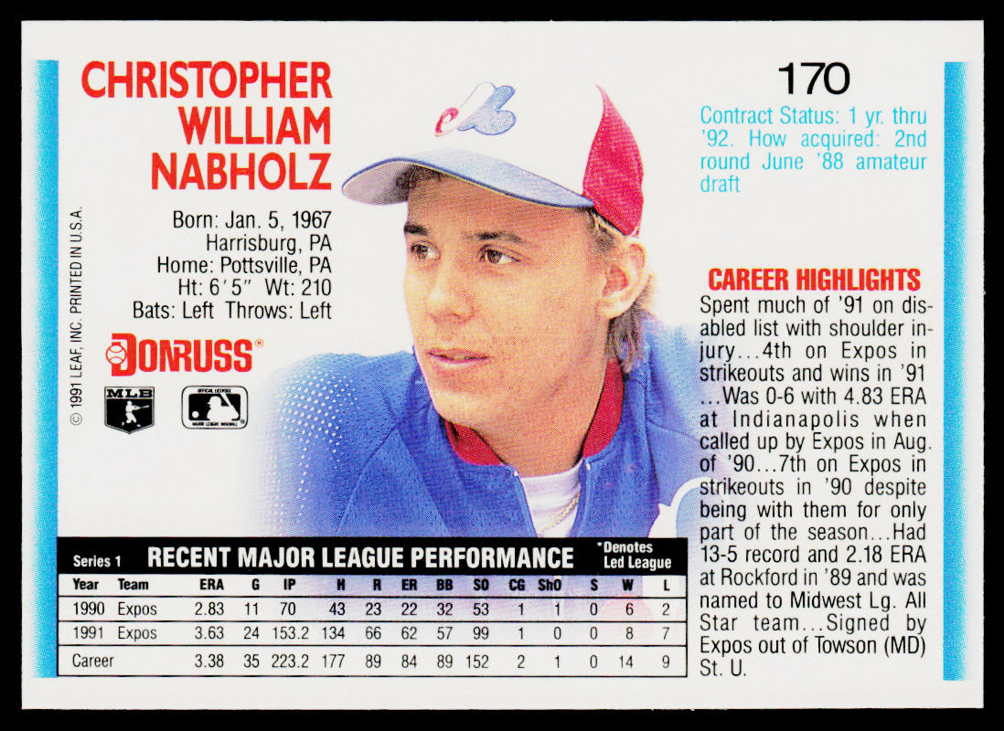 Chris Nabholz 1992 Donruss #170 Montreal Expos