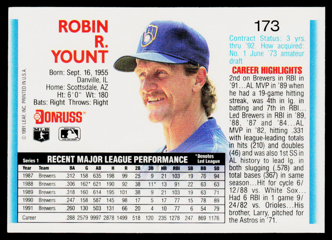 Robin Yount 1992 Donruss #173b Milwaukee Brewers