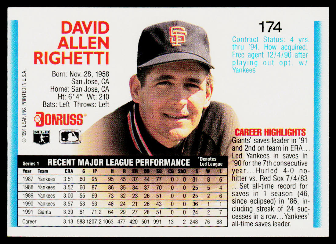 Dave Righetti 1992 Donruss #174b San Francisco Giants