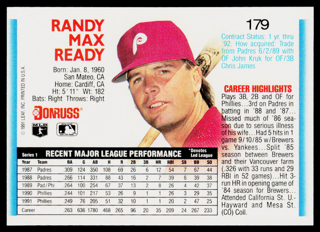 Randy Ready 1992 Donruss #179 Philadelphia Phillies