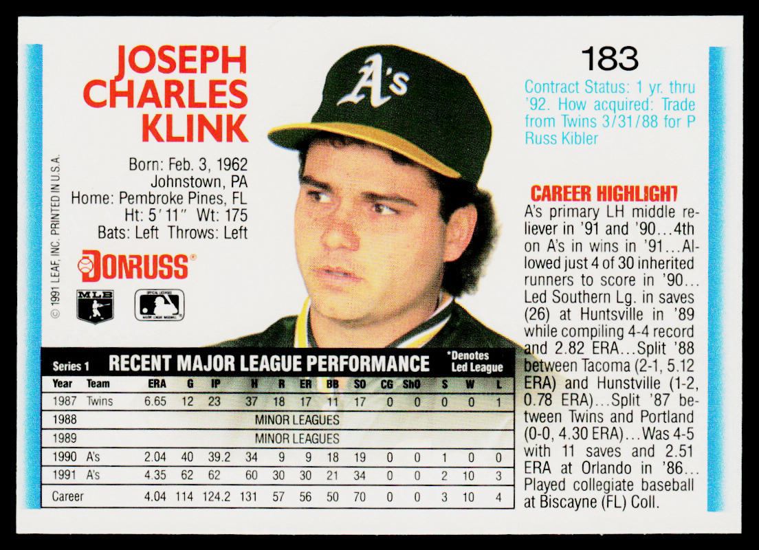 Joe Klink 1992 Donruss #183 Oakland Athletics