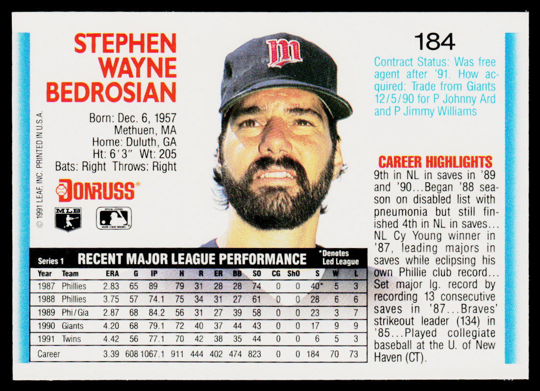 Steve Bedrosian 1992 Donruss #184b Minnesota Twins