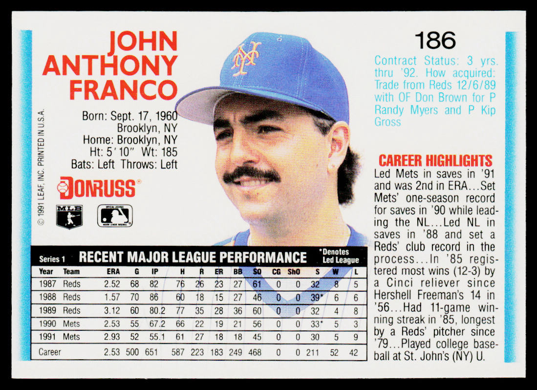 John Franco 1992 Donruss #186b New York Mets