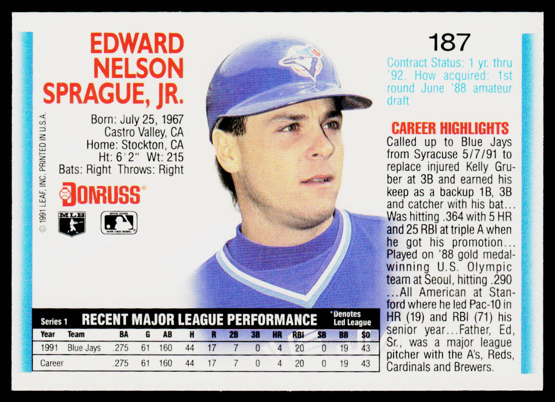 Ed Sprague 1992 Donruss #187 Toronto Blue Jays
