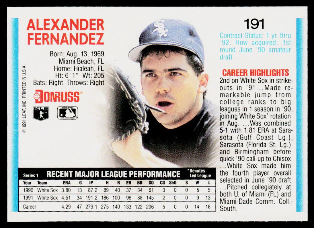 Alex Fernandez 1992 Donruss #191b Chicago White Sox