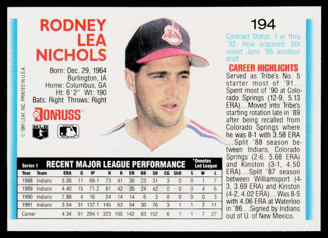 Rod Nichols 1992 Donruss #194b Cleveland Indians