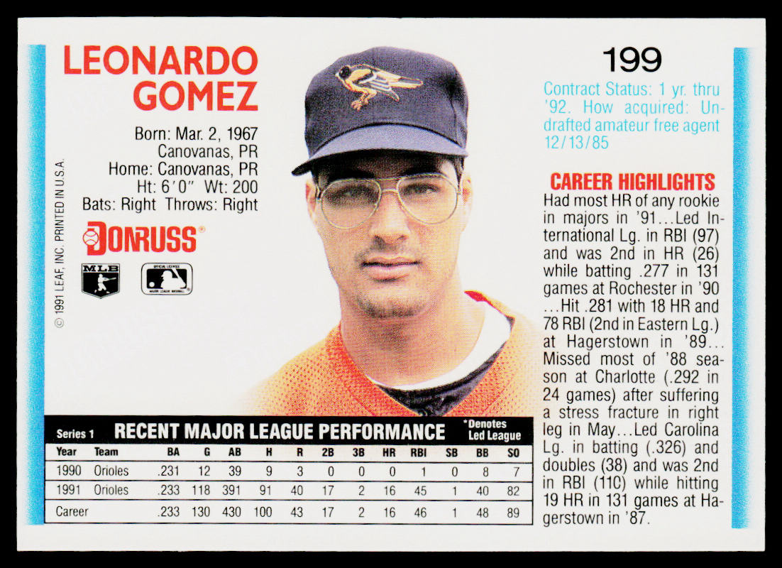 Leo Gomez 1992 Donruss #199b Baltimore Orioles