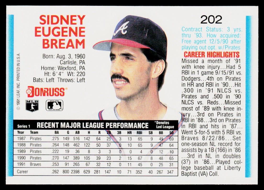 Sid Bream 1992 Donruss #202 Atlanta Braves