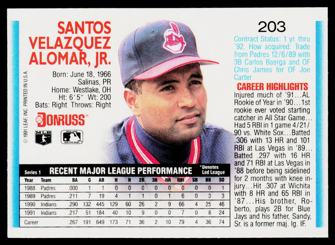 Sandy Alomar 1992 Donruss #203b Cleveland Indians