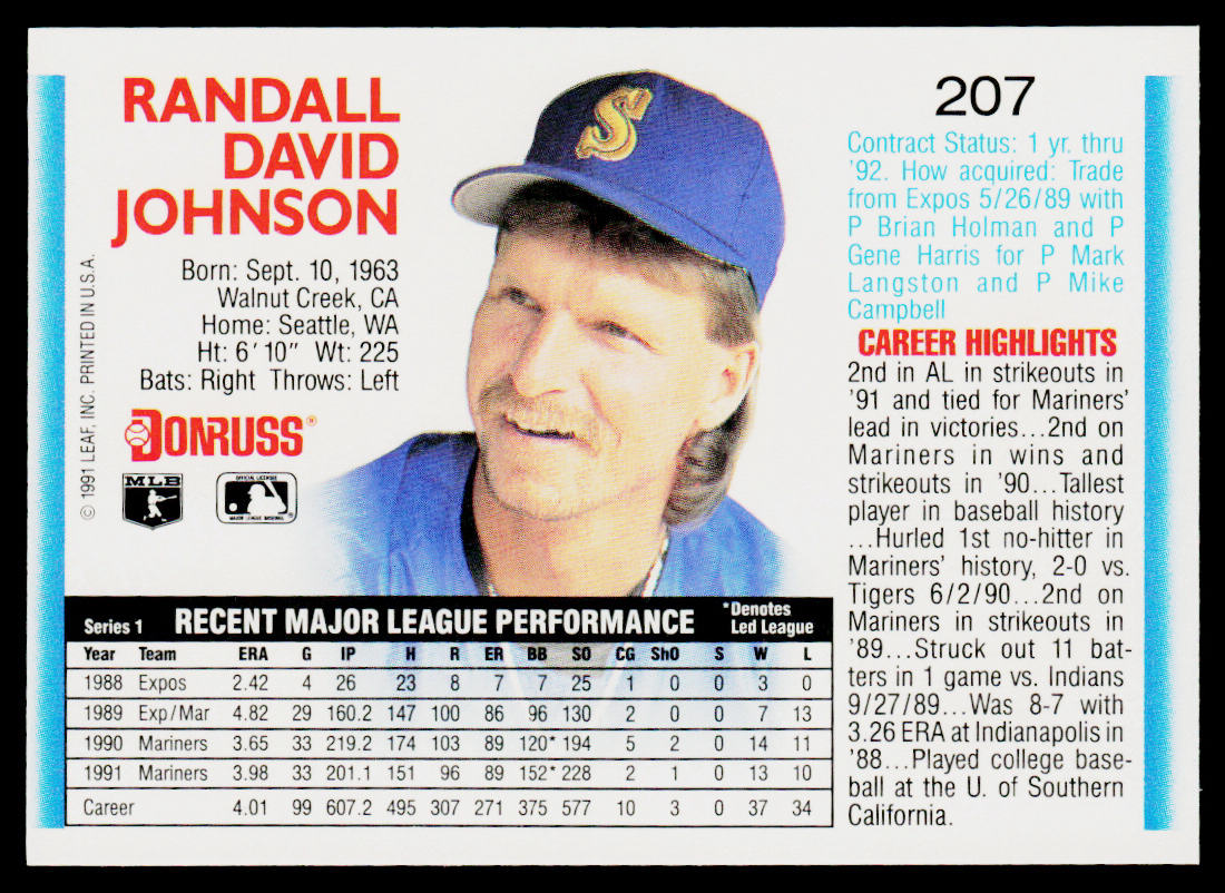 Randy Johnson 1992 Donruss #207 Seattle Mariners