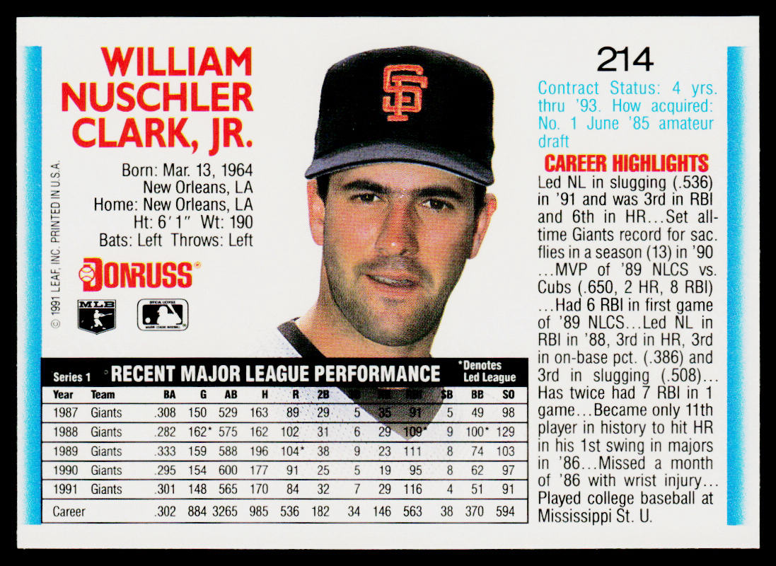 Will Clark 1992 Donruss #214 San Francisco Giants