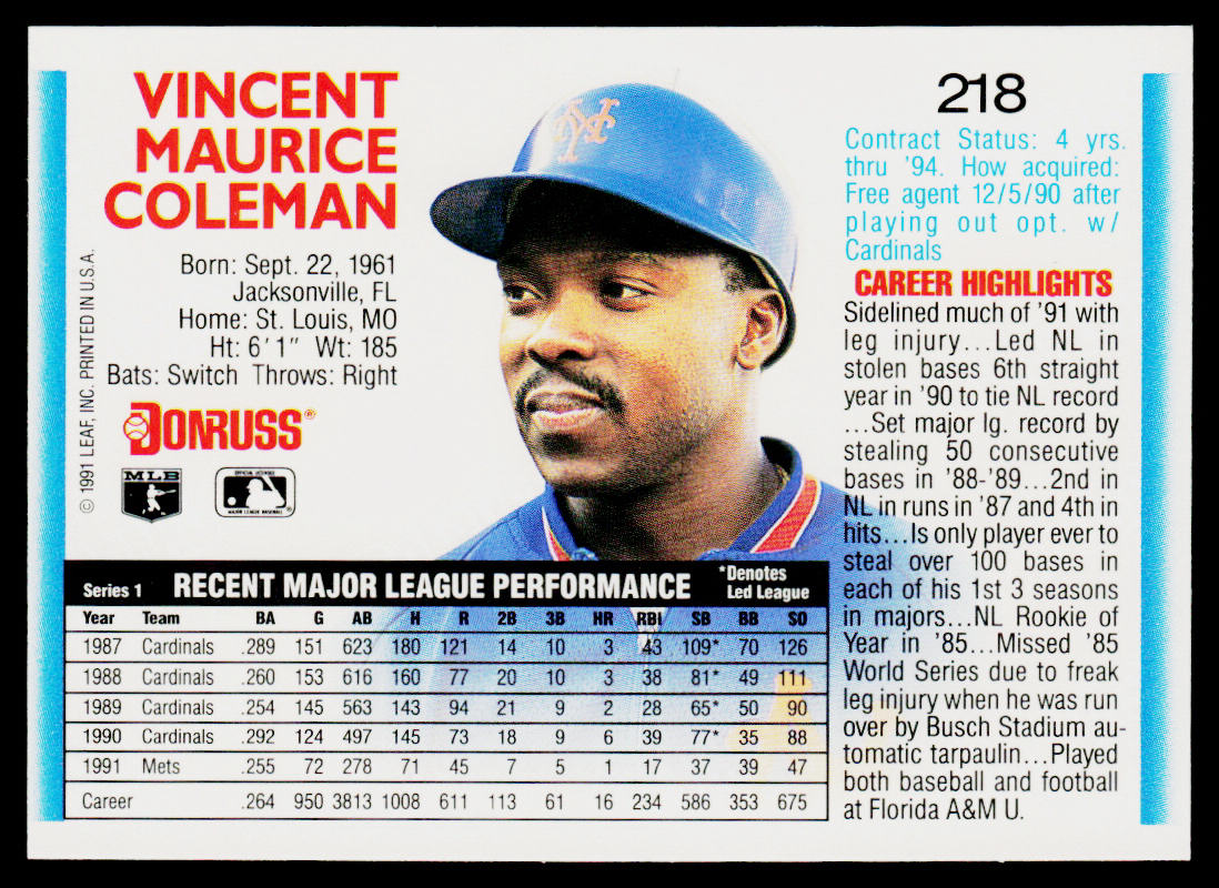 Vince Coleman 1992 Donruss #218 New York Mets