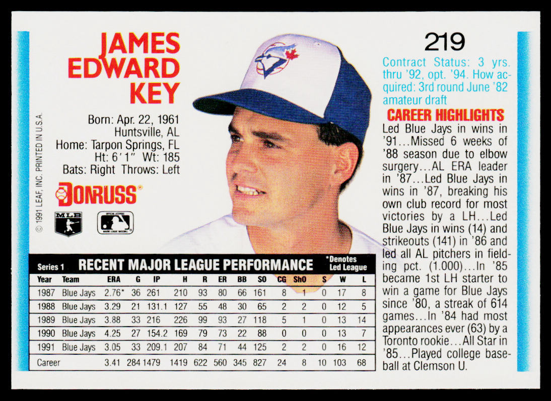 Jimmy Key 1992 Donruss #219 Toronto Blue Jays