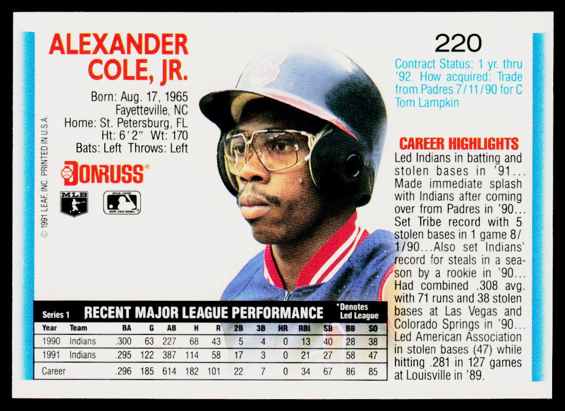 Alex Cole 1992 Donruss #220 Cleveland Indians
