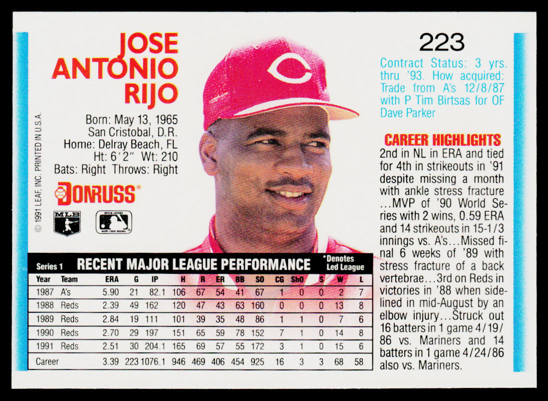 Jose Rijo 1992 Donruss #223b Cincinnati Reds