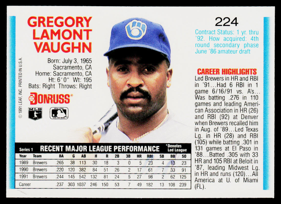 Greg Vaughn 1992 Donruss #224 Milwaukee Brewers