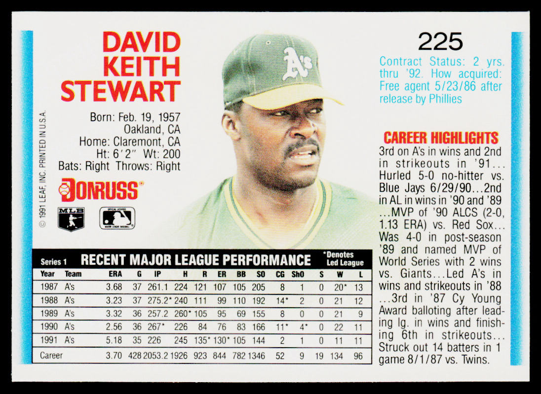 Dave Stewart 1992 Donruss #225 Oakland Athletics