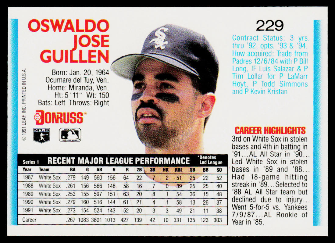 Ozzie Guillen 1992 Donruss #229 Chicago White Sox