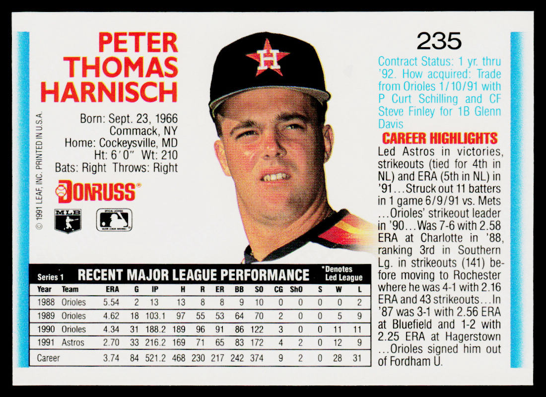 Pete Harnisch 1992 Donruss #235b Houston Astros